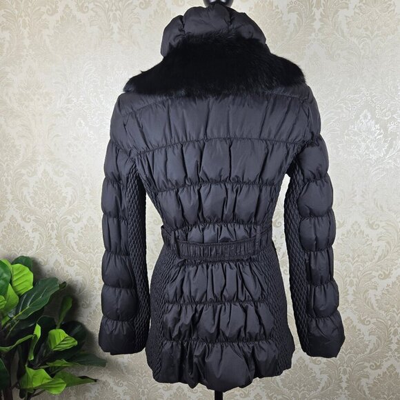 Via Spiga Size Small Black Quilted Puffer Coat Removable Fur Collar Stretch Belt - Picture 10 of 16